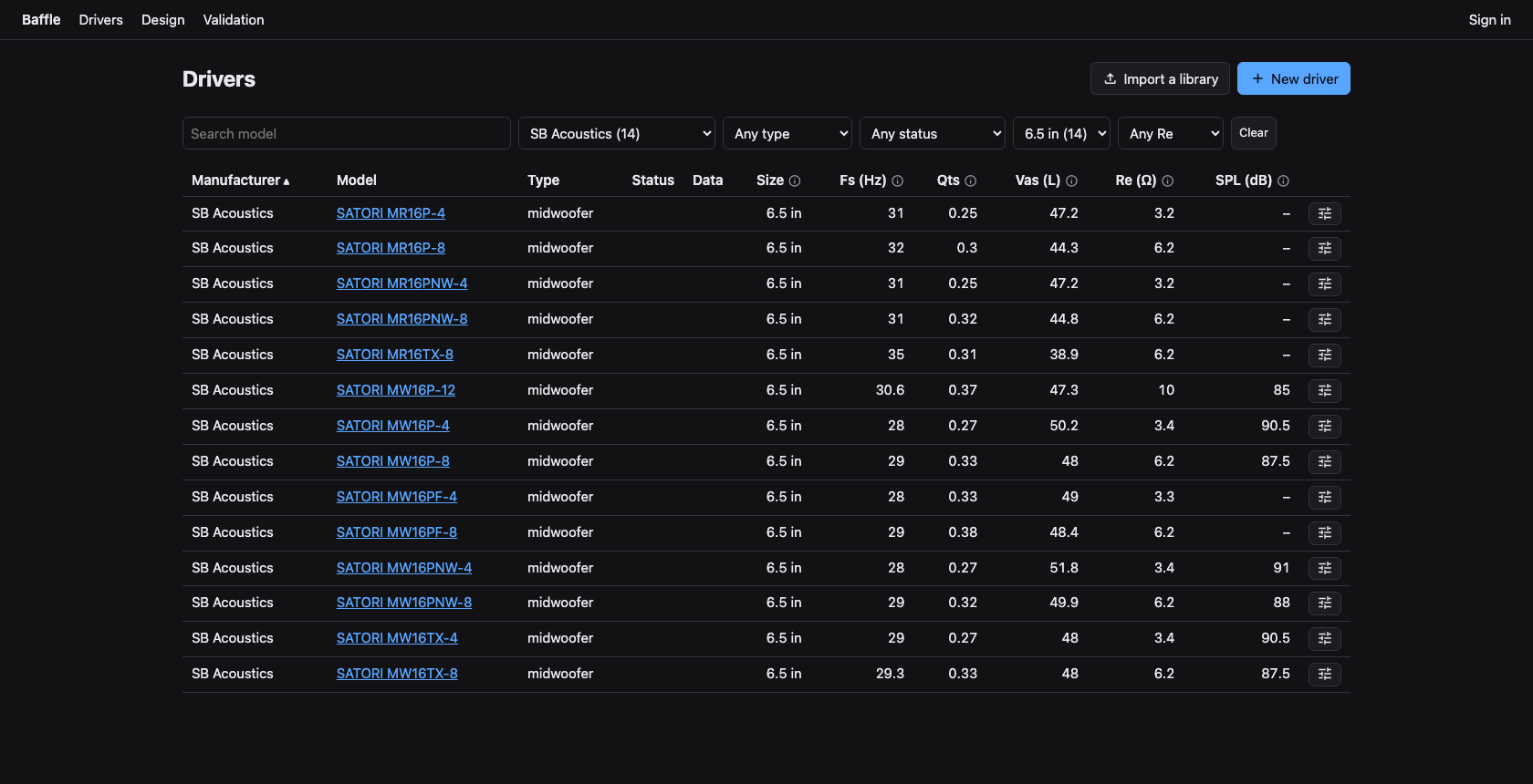 The driver list filtered to 6.5 inch SB Acoustics midwoofers, showing resonance,
                      total damping, equivalent volume, resistance and sensitivity for each.